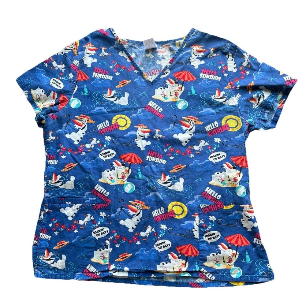 Disney Olaf Women’s Scrub Top Sz Large V Neck Blue Multi “Hello Sunshine”